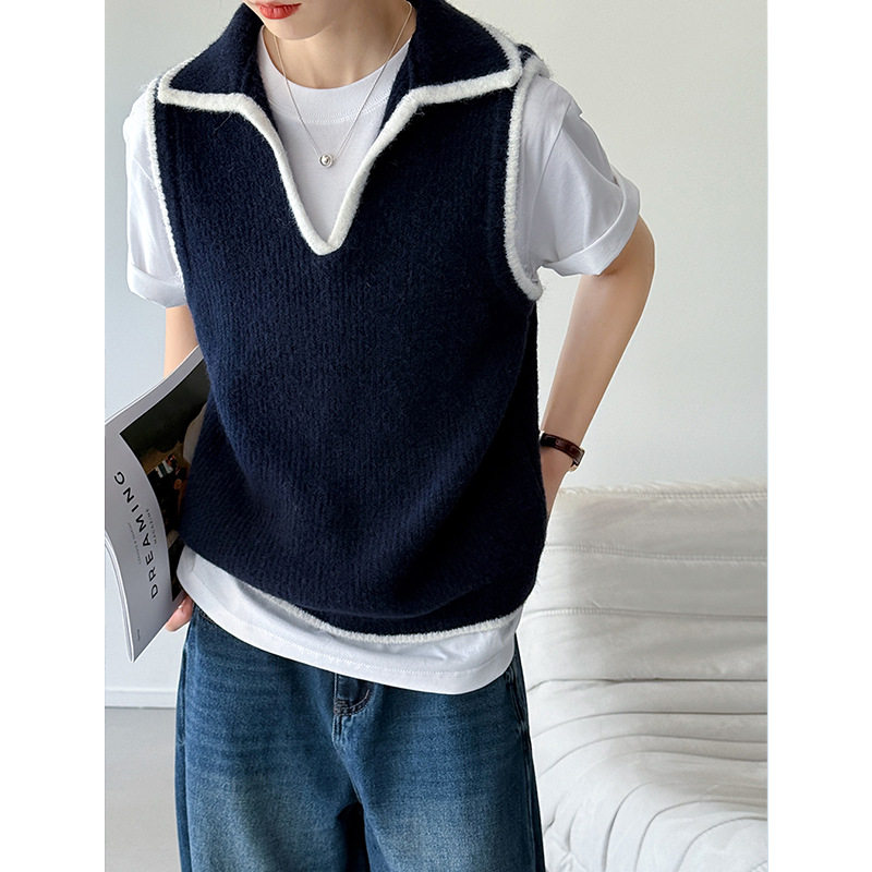 设计感小翻领套头女士拼色针织衫背心日韩休闲坎肩慵懒风叠穿上衣