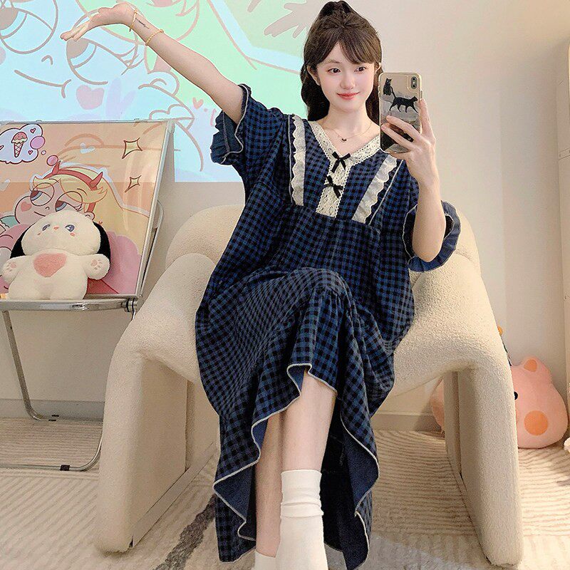 甜美公主风带胸垫睡衣女短袖夏季睡裙胖mm大码女装孕妇连衣裙格子