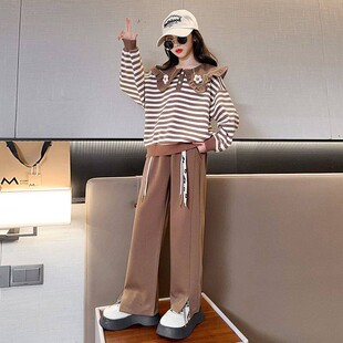 韩版 中大童宽松休闲衣服女孩春秋娃娃领上衣 新款 女童条纹卫衣秋季