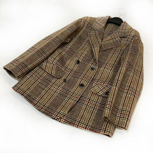 女短款双面羊绒大衣小西装宽松复古格纹怀旧羊毛大衣外套英伦风