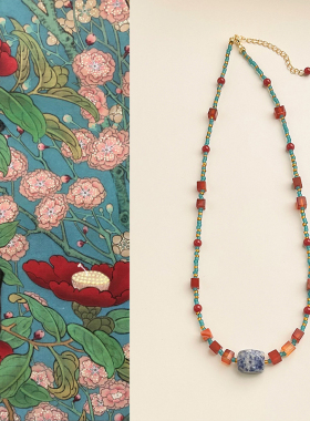 艺术油画~原创手作天然石红玛瑙撞色项链复古文艺风锁骨链 项饰品