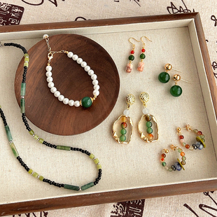 新中式 复古手作天然石项链国风汉服旗袍耳环彩耳饰 绿玛瑙首饰套装