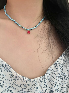 夏日新款蓝色串珠项链红心小众锁骨链个性设计感颈链ins风韩版女~