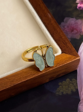 vintage中古风蝴蝶戒指法式复古开口戒做旧感可调节指环文艺手饰