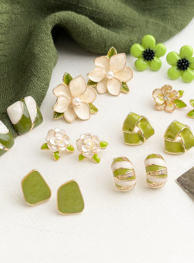 绿色系耳饰森系显白清新甜美花朵耳钉氧气感牛油果绿耳环耳环银针