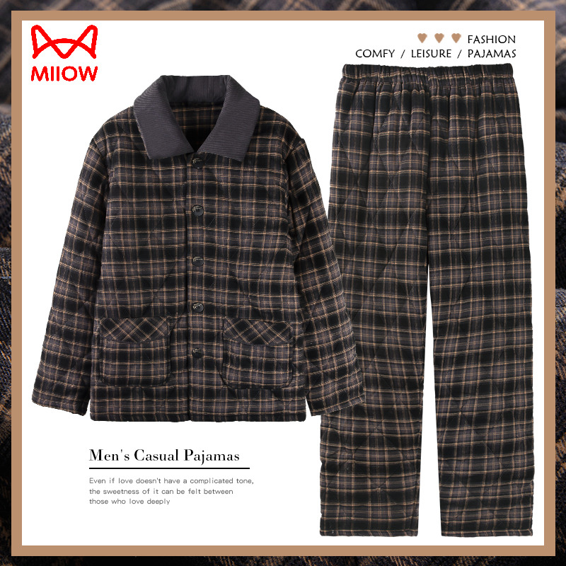 秋冬款梭织夹棉睡衣猫人男士