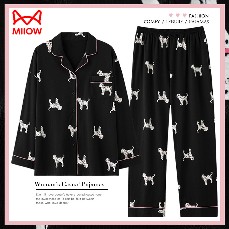 猫人黑色睡衣女士春秋款纯棉长袖秋季薄款大码秋冬家居服套装