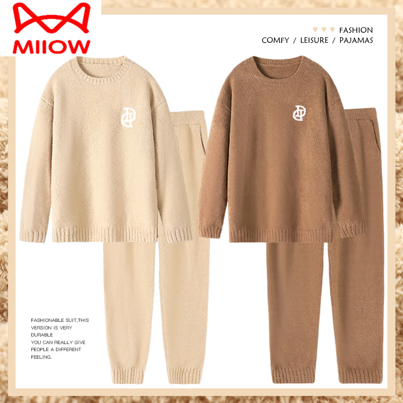 家居服半边绒套装猫人冬情侣