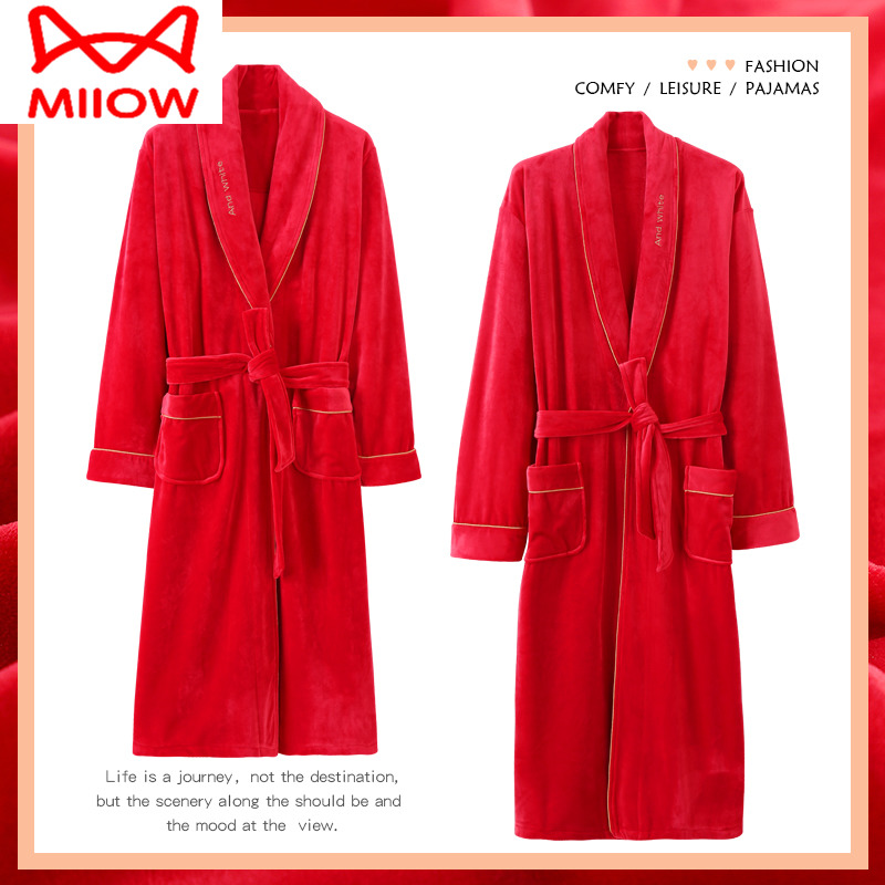 本命年红色猫人海岛绒睡袍女