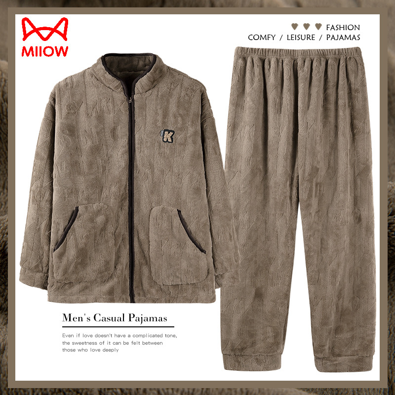 秋冬家居服法兰绒睡衣猫人男