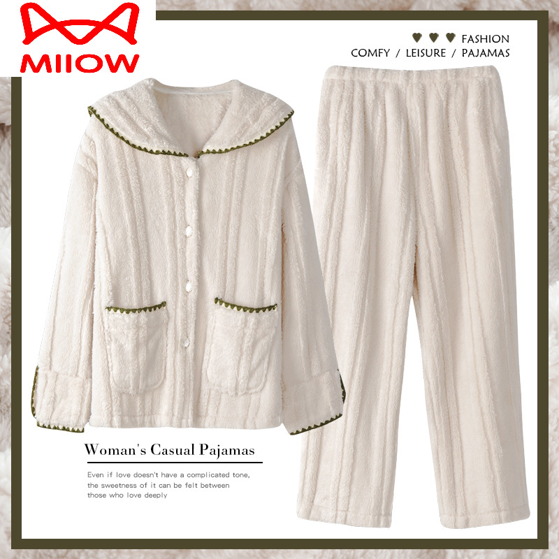 冬加厚法兰绒睡衣套装猫人女