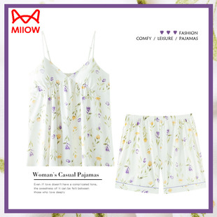 夏天夏款 薄款 家居服 纯棉吊带背心短裤 猫人带胸垫睡衣女士夏季