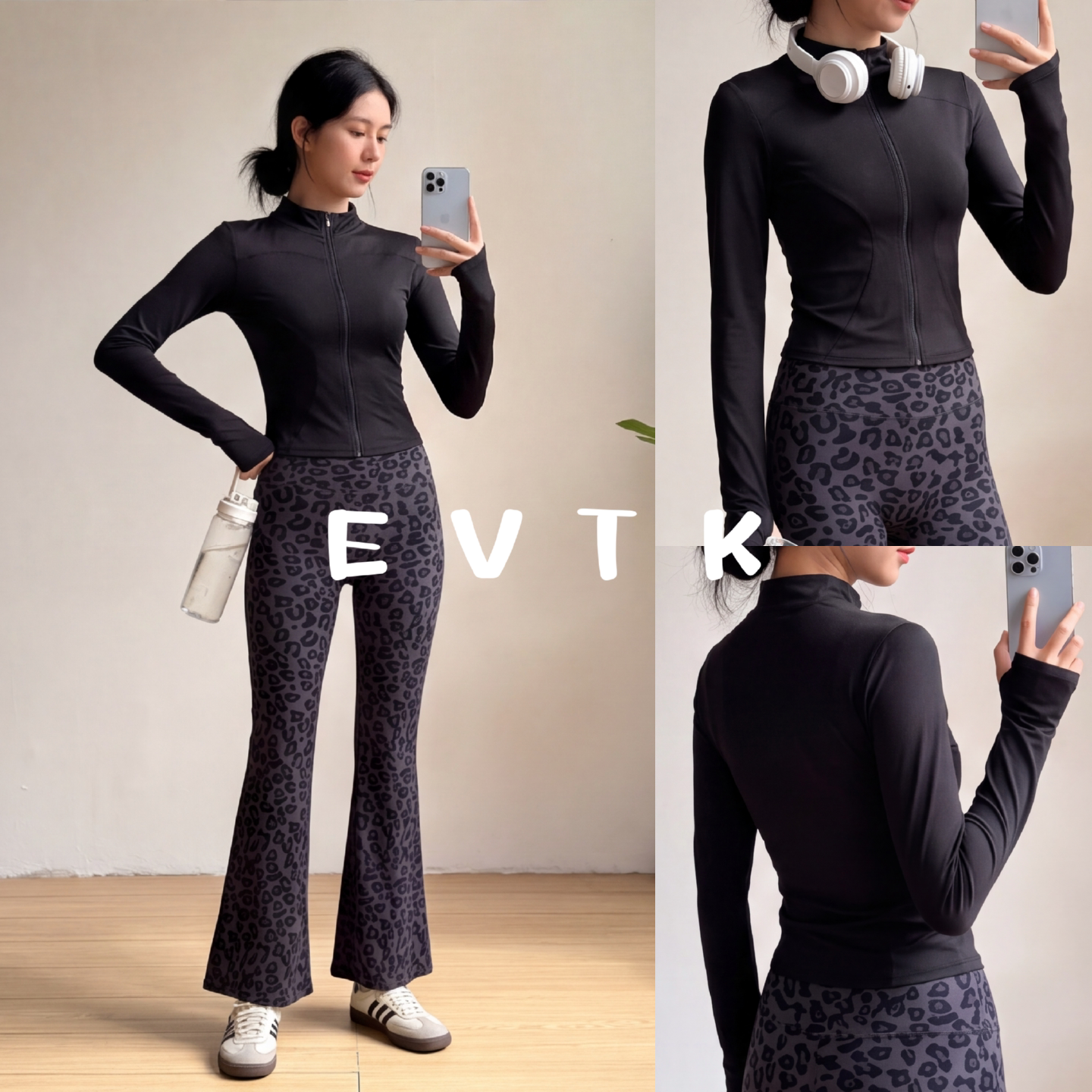 舞蹈服女半拉链长袖上衣豹纹微喇裤套装练功日常可外穿形体舞蹈服