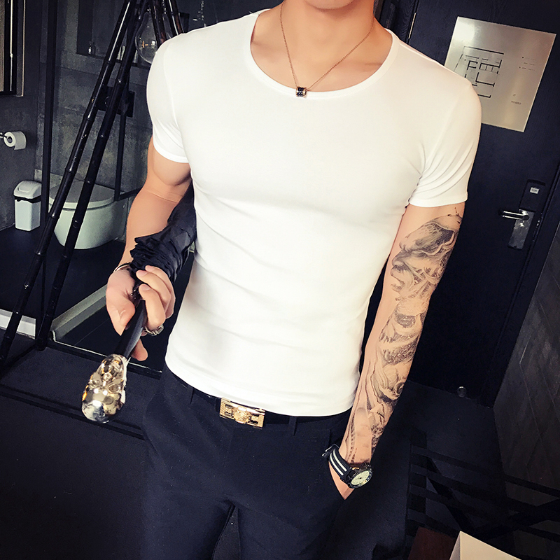 夏季短袖男士t恤修身紧身体恤纯色纯棉白色打底衫健身运动上衣服