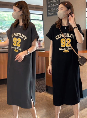 孕妇装夏季新款宽松遮肚子连衣裙韩版单侧开叉时尚T恤裙过膝长裙