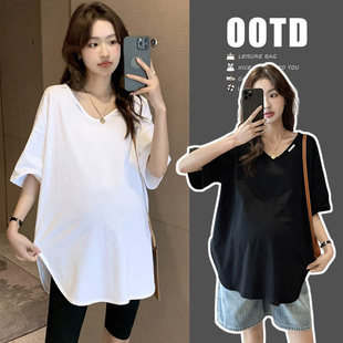 孕妇装 宽松大码 夏季 t恤纯棉v领白色薄款 孕晚期上衣潮 短袖 2025新款
