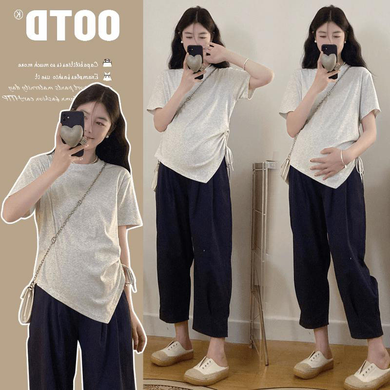 夏季2025新款孕妇装宽松弹力抽绳不规则设计休闲T恤减龄短袖上衣