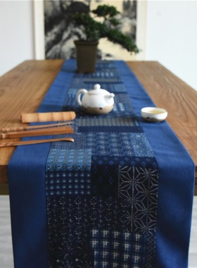蓝色桌旗补丁茶席复古典中式禅意棉麻亚麻茶旗茶垫茶几长条桌布艺