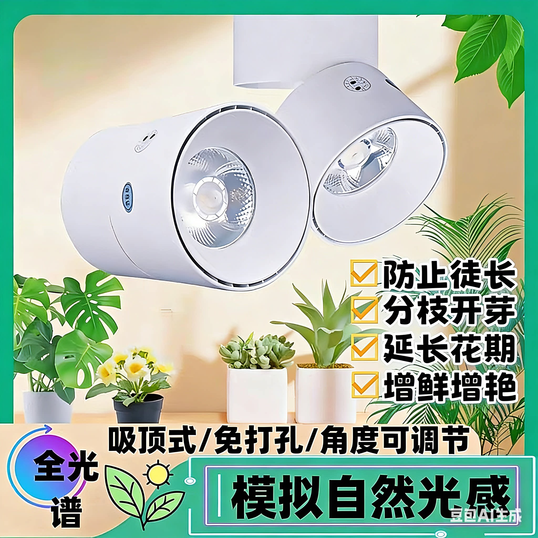 植物补光灯免打孔生长射灯家用室内光合作用全光谱LED筒灯仿太阳