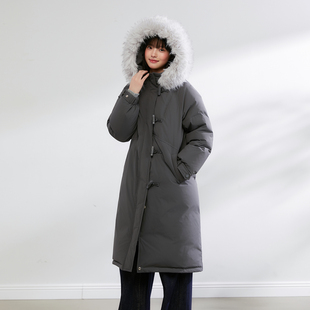 King Prince韩系毛领连帽派克羽绒服女冬季宽松中长款牛角扣外套