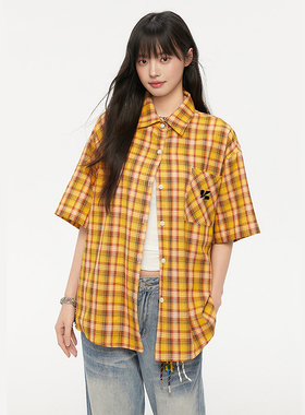 King Prince美式多巴胺黄色格子短袖衬衫女宽松美式复古格纹衬衣