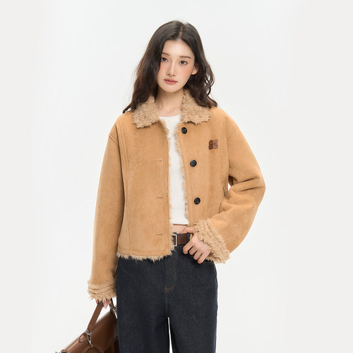 King Prince秋冬皮毛一体外套女韩系通勤麂皮绒保暖加厚短款上衣