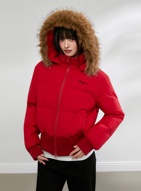 King Prince短款修身大毛领红色羽绒服女冬季显瘦高腰白鸭绒外套