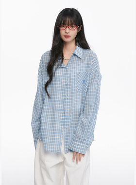 King Prince蓝色格子长袖衬衫外套女小众韩系休闲翻领衬衣外套潮
