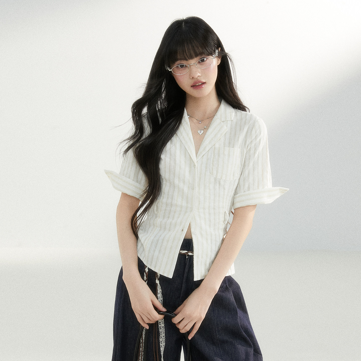 King Prince设计感西装领条纹短袖衬衫女修身绑带收腰衬衣女夏