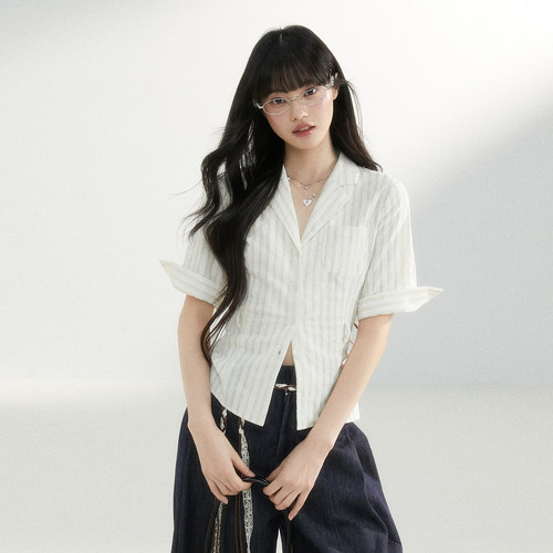 King Prince设计感西装领条纹短袖衬衫女修身绑带收腰衬衣女夏