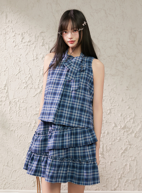 King Prince韩系蓝色格纹无袖蛋糕连衣裙女少女风荷叶边格子裙