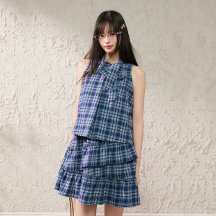 King 蛋糕连衣裙女少女风荷叶边格子裙 Prince韩系蓝色格纹无袖