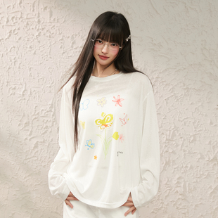 King Prince花卉印花图案罩衫宽松休闲T恤女长袖春夏显瘦外穿上衣