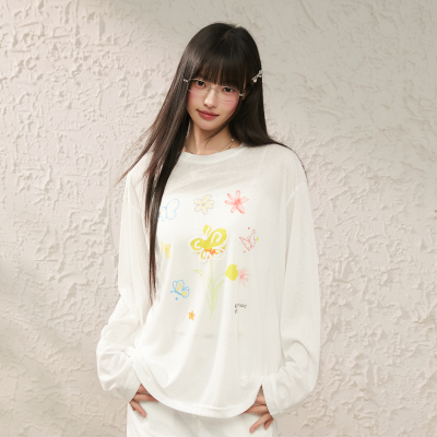 King Prince花卉印花图案罩衫宽松休闲T恤女长袖春夏显瘦外穿上衣
