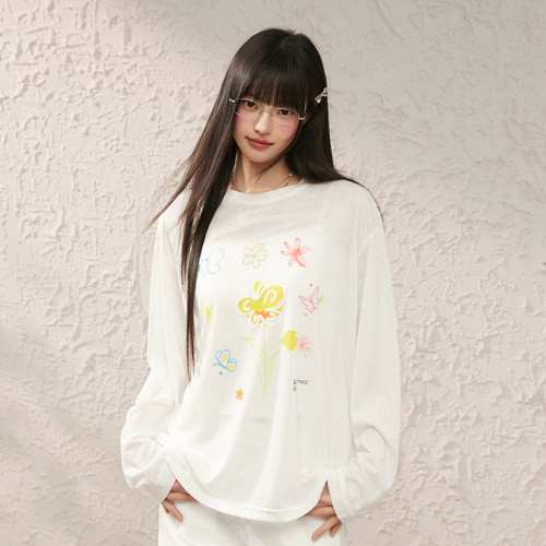 King Prince花卉印花图案罩衫宽松休闲T恤女长袖春夏显瘦外穿上衣