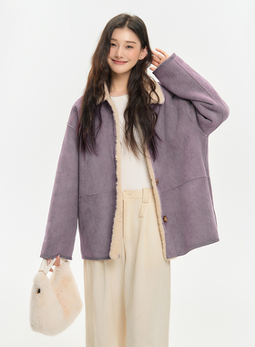 King Prince麂皮一体韩系夹克外套三色翻领撞色长袖保暖大衣女冬