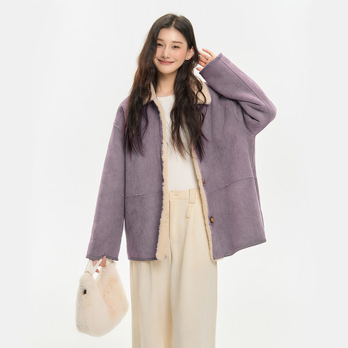 King Prince麂皮一体韩系夹克外套三色翻领撞色长袖保暖大衣女冬