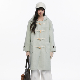 King 外套女 Prince薄荷绿牛角扣羊羔毛毛呢夹棉大衣秋冬中长款