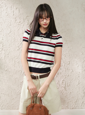 King Prince学院风条纹POLO衫女短袖修身显瘦复古撞色针织T恤上衣