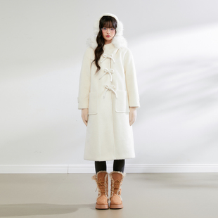 King Prince韩系甜美毛呢连帽长款大衣女冬季保暖加厚毛呢外套