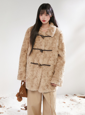 King Prince环保皮草外套女冬季韩系牛角扣保暖羊羔毛绒长袖大衣