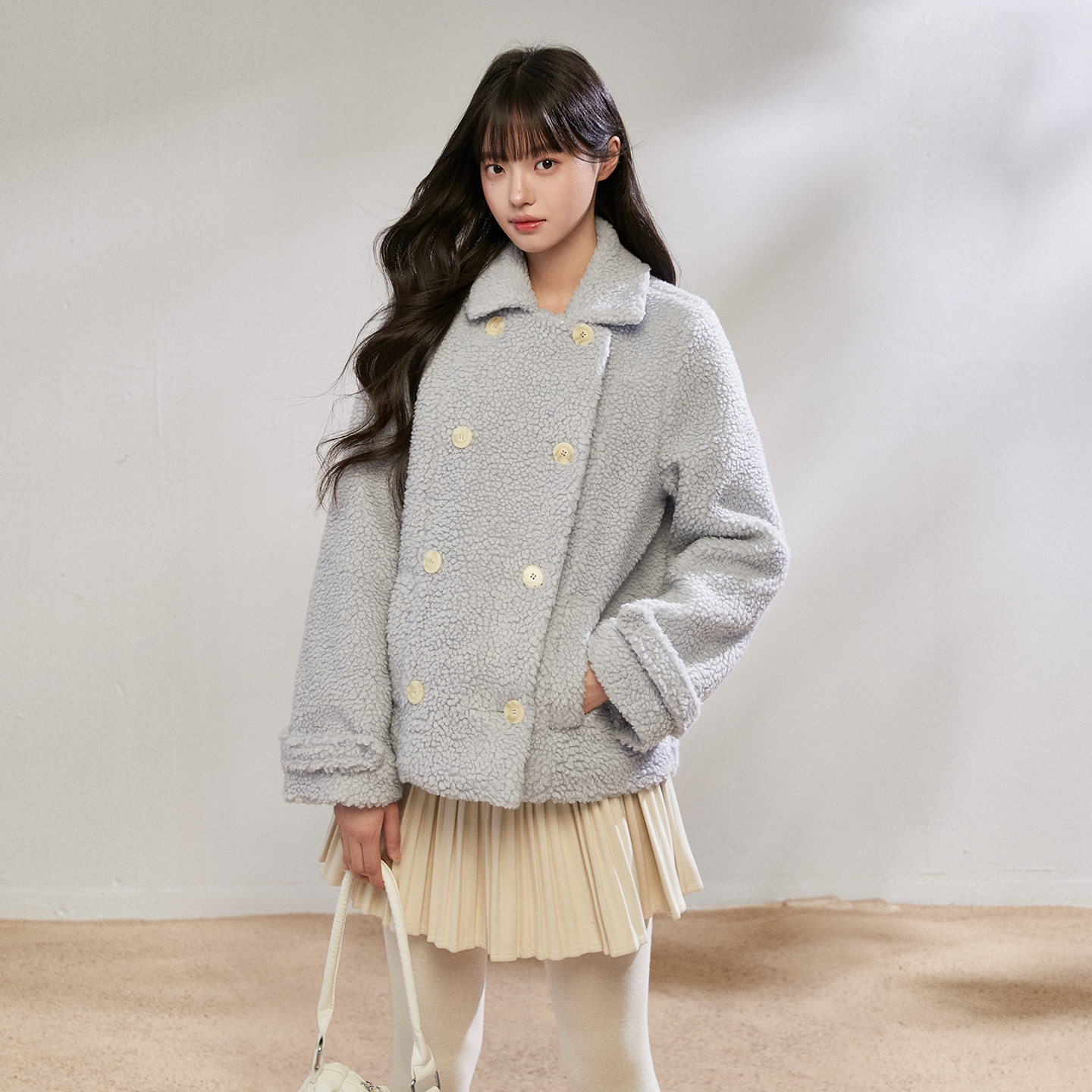 King Prince颗粒感毛呢外套女秋冬宽松休闲百搭羊羔毛外套女