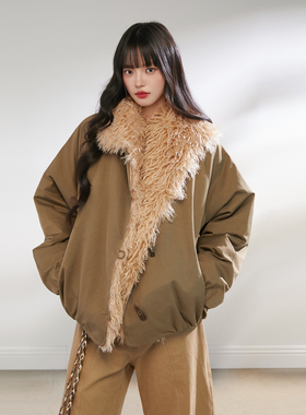 King Prince毛绒拼接派克服女冬季宽松保暖加绒加厚毛绒外套女