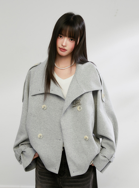 King Prince春季新款韩版廓形短款卫衣女双排扣翻领外套风衣夹克