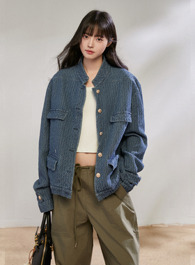 King Prince春季新款深蓝色复古立领牛仔小香风外套女休闲夹克女