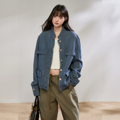 King Prince春季新款深蓝色复古立领牛仔小香风外套女休闲夹克女