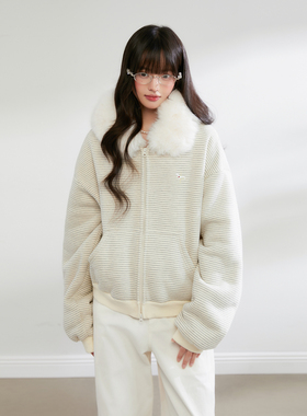 King Prince休闲慵懒风毛领连帽卫衣女宽松保暖拉链开衫上衣