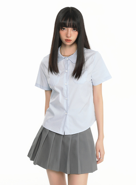 King Prince蓝色短袖衬衫女夏季学院风甜美宽松娃娃领衬衣女上衣