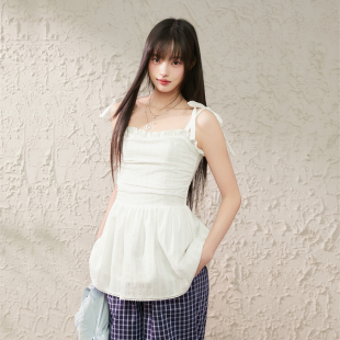 King 复古白色绑带吊带背心女夏宽松收腰显瘦花边上衣 Prince法式