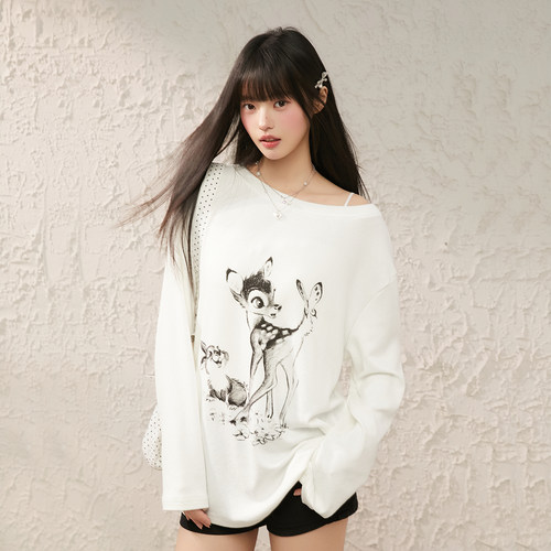 King Prince小鹿兔子印花防晒T恤女长袖新款宽松圆领罩衫百搭上衣